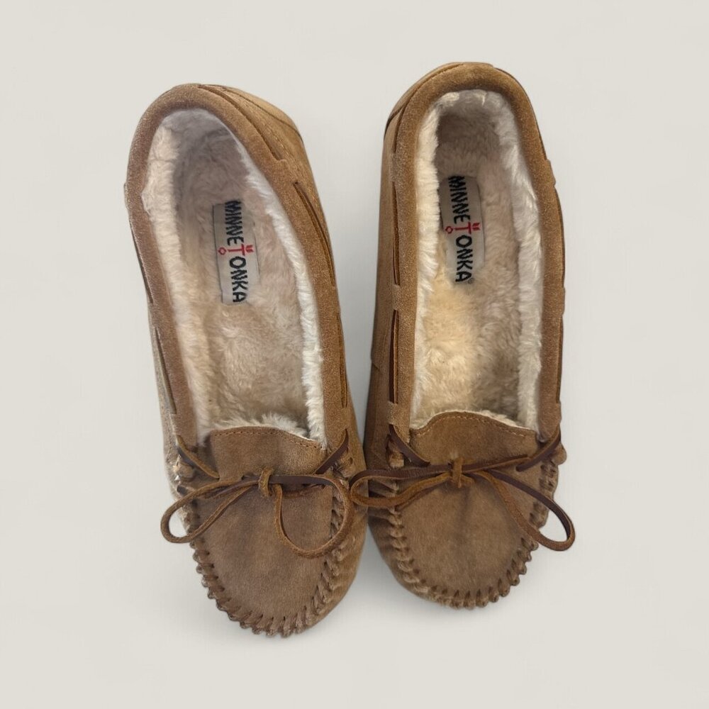 MINNETONKA Women’s  Moccasins 8 Tan Suede Leather Faux Fur Lined #4052 - Picture 3 of 6